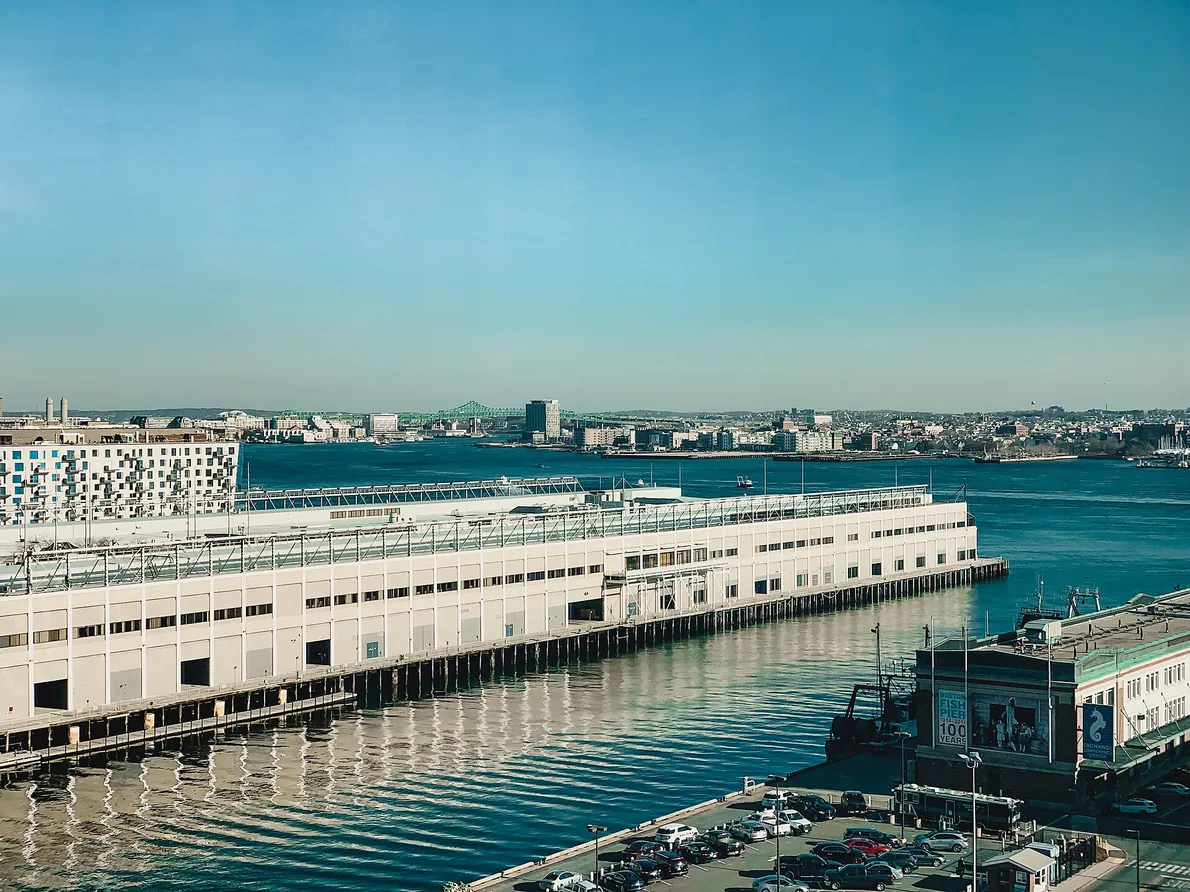 The long Commonwealth Pier building on the South Boston waterfront