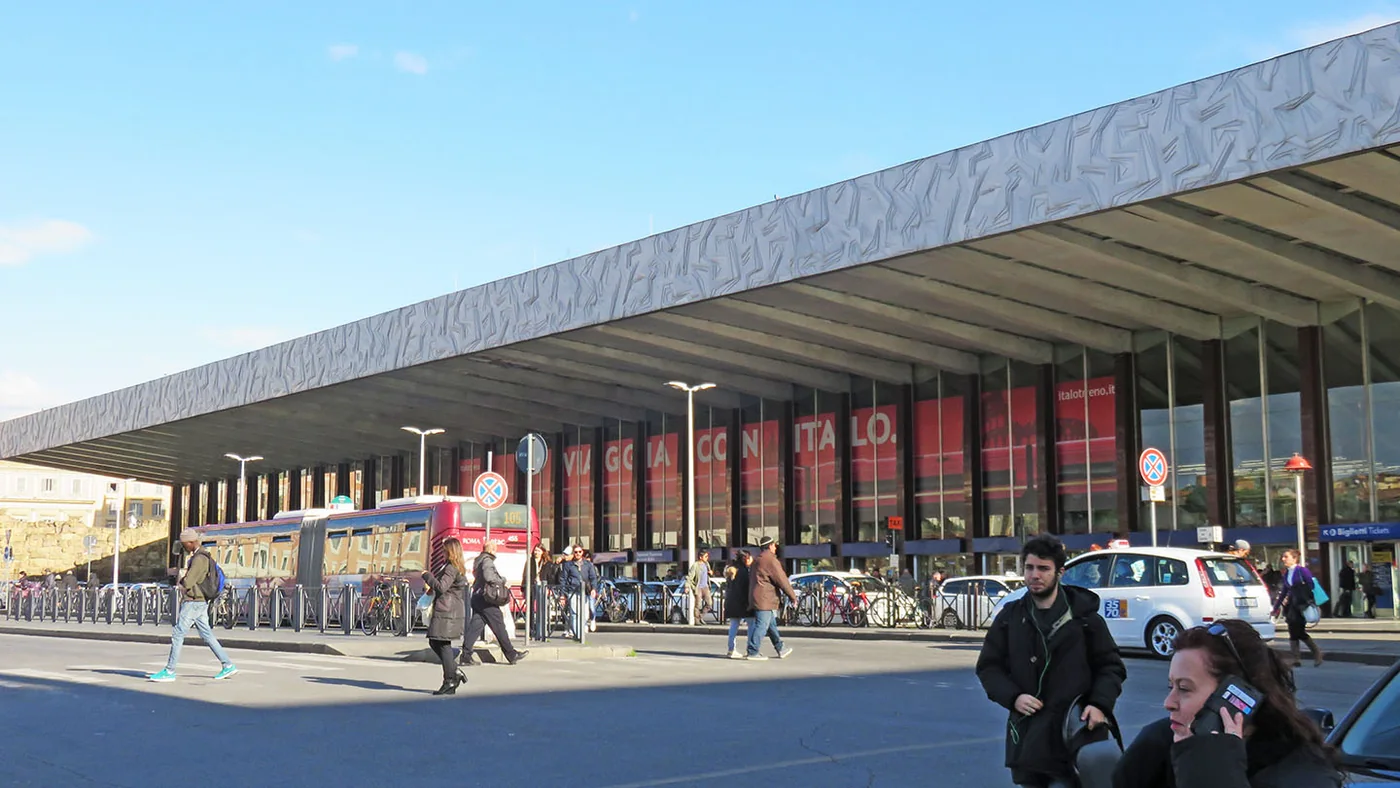 The broad canopy and street entrance outside Roma Termini station