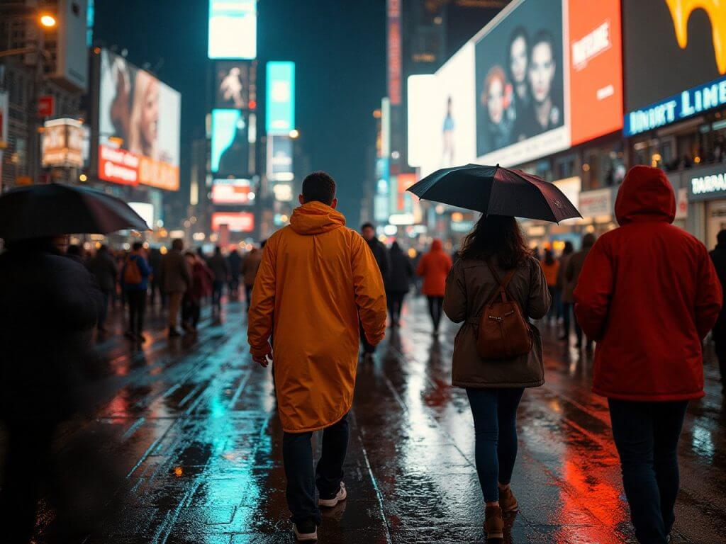 Three people, walking with umbrellas on a rainy night in Times Square, with bright billboards and reflections on the wet pavement